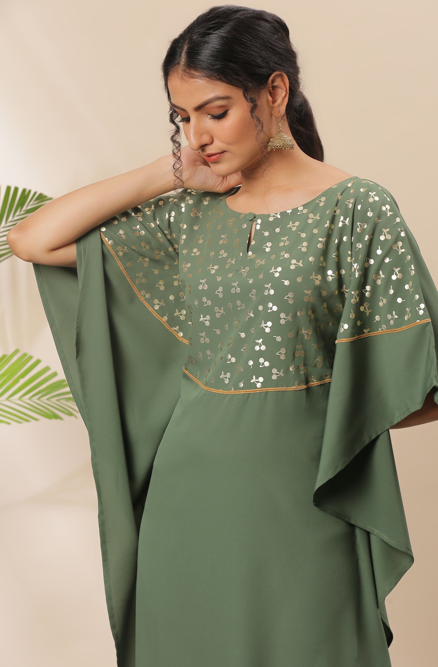 Janasya Green Poly Crepe Foil Print Kaftan kurta - Distacart