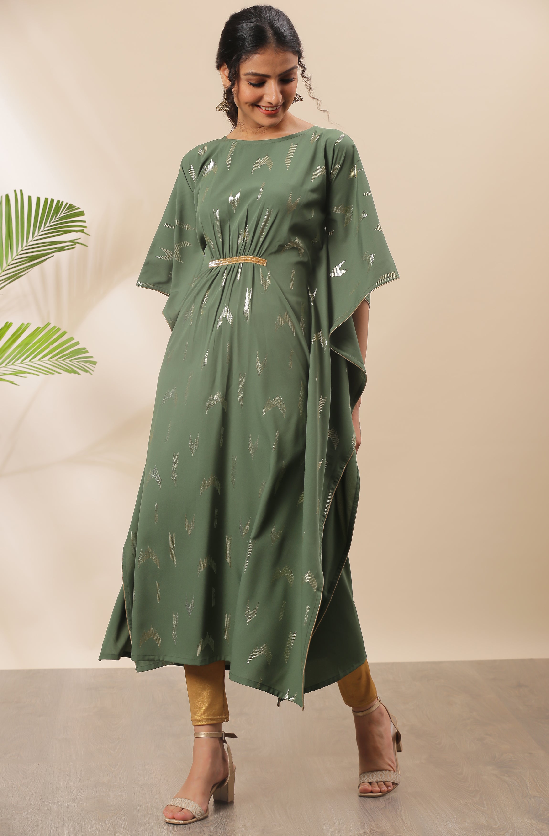 Janasya Green Poly Crepe Geometric Print Kaftan kurta - Distacart