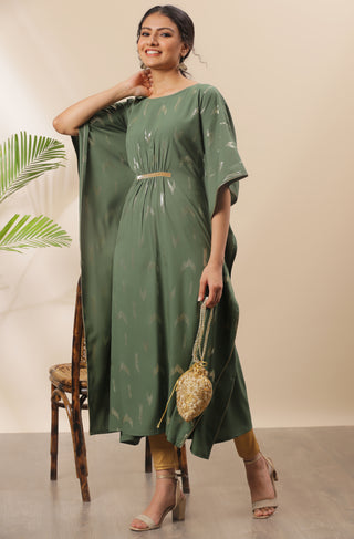Janasya Green Poly Crepe Geometric Print Kaftan kurta - Distacart
