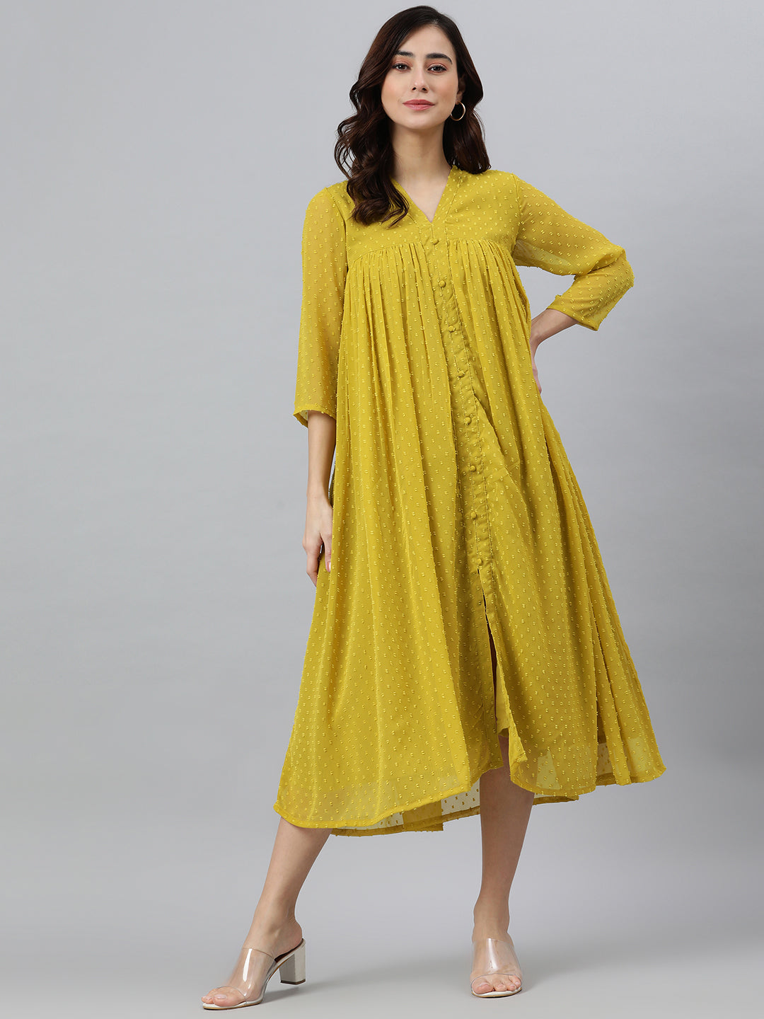 Janasya Mustard Poly Chiffon Self Design Frontslit Kurta - Distacart