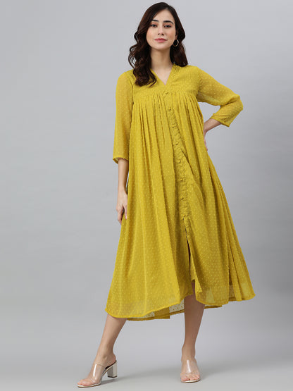 Janasya Mustard Poly Chiffon Self Design Frontslit Kurta - Distacart