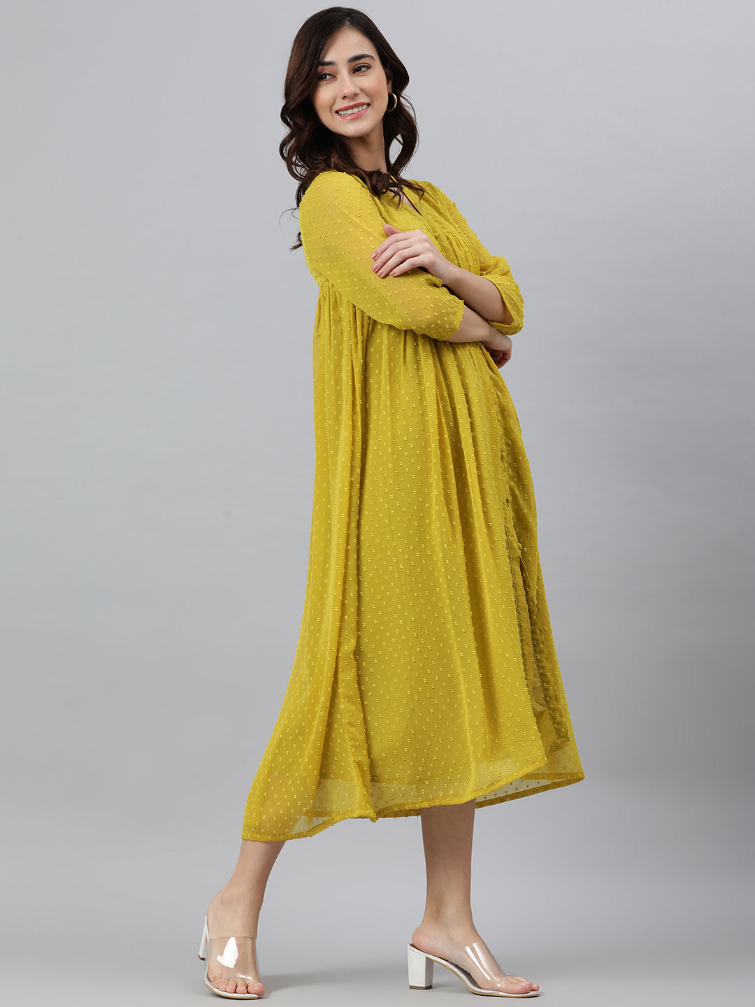 Janasya Mustard Poly Chiffon Self Design Frontslit Kurta - Distacart