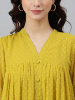 Thumbnail for Janasya Mustard Poly Chiffon Self Design Frontslit Kurta