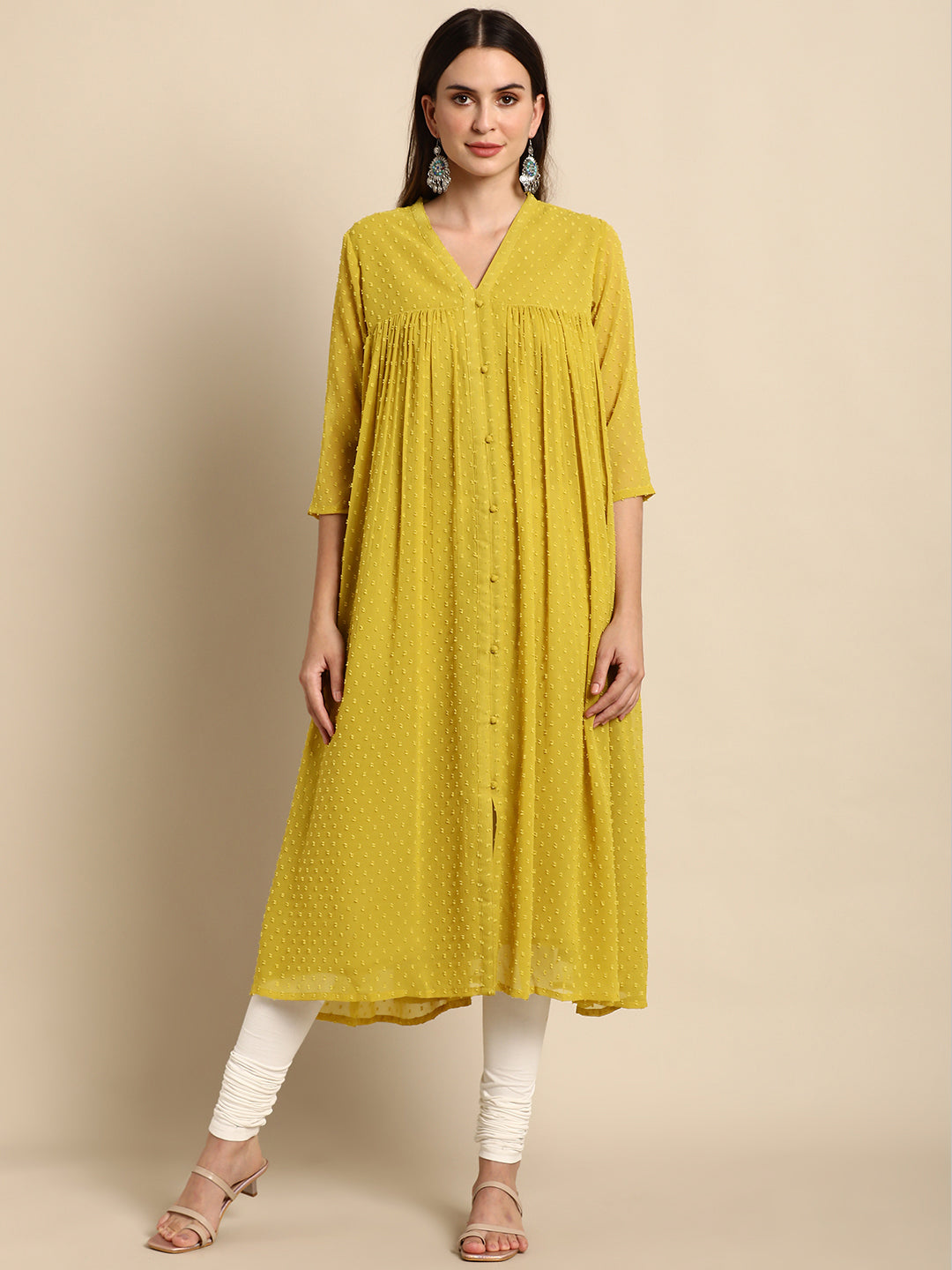 Janasya Mustard Poly Chiffon Self Design Frontslit Kurta