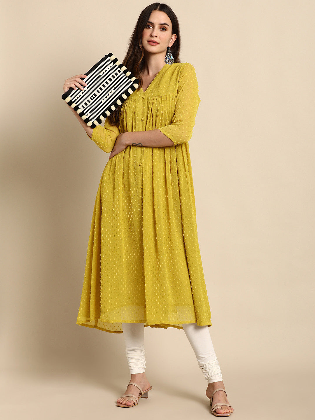 Janasya Mustard Poly Chiffon Self Design Frontslit Kurta