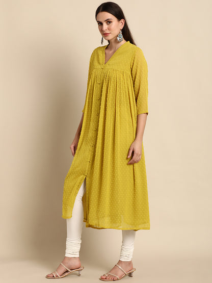 Janasya Mustard Poly Chiffon Self Design Frontslit Kurta - Distacart