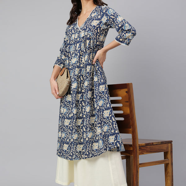 Janasya Navy Blue Cotton Floral Print Flared kurta - Distacart
