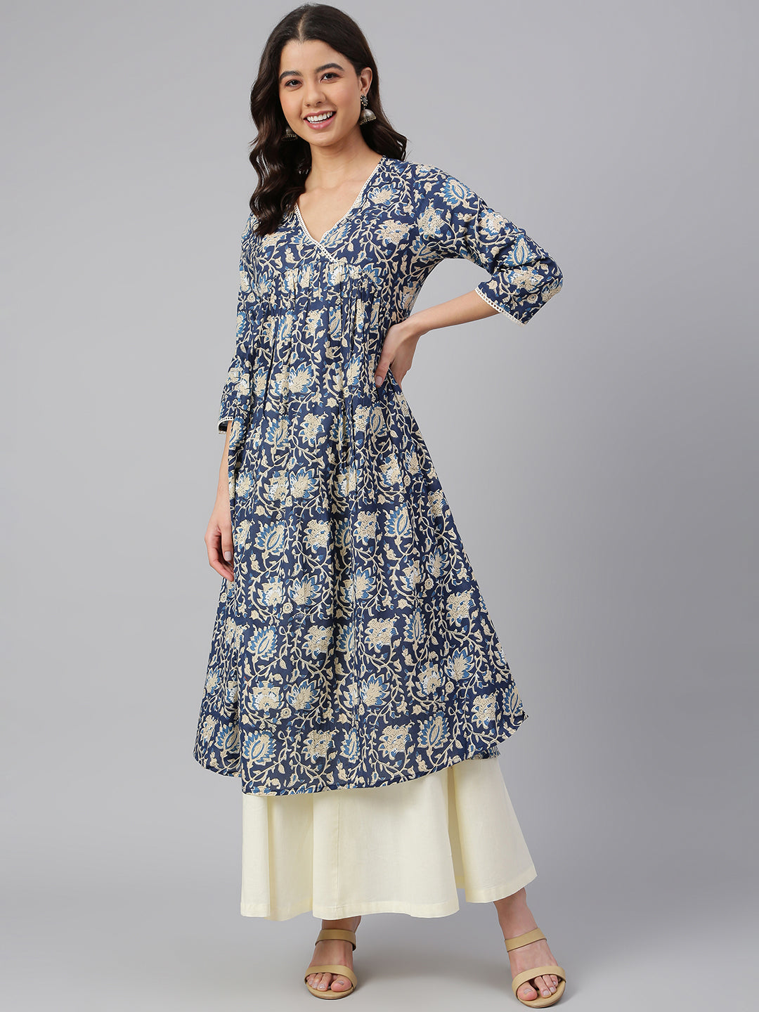 Janasya Navy Blue Cotton Floral Print Flared kurta - Distacart
