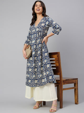 Janasya Navy Blue Cotton Floral Print Flared kurta - Distacart