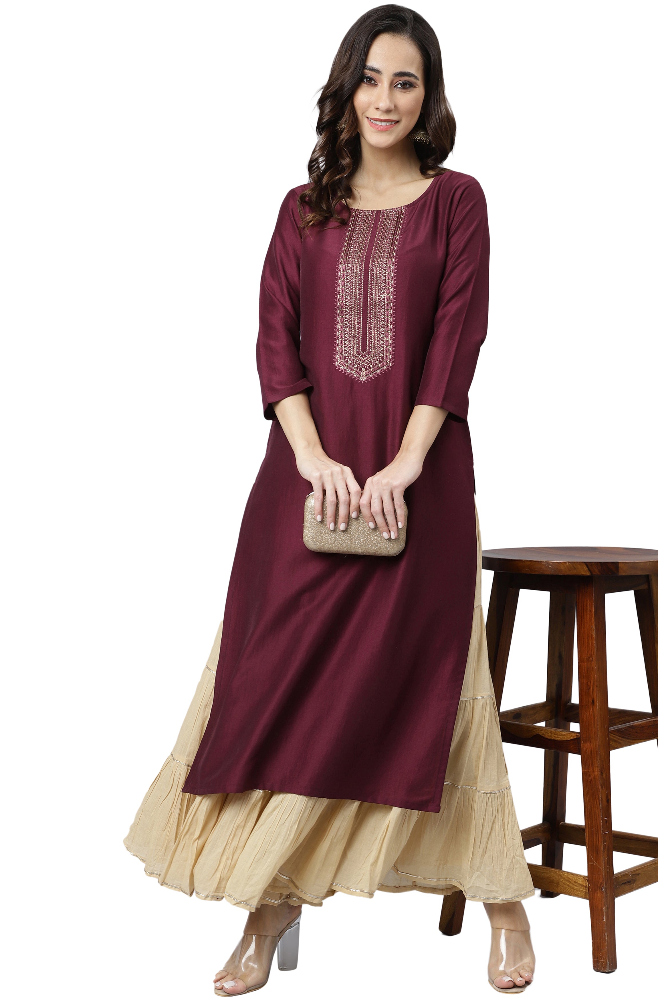 Janasya Wine Poly Silk Solid Straight kurta - Distacart