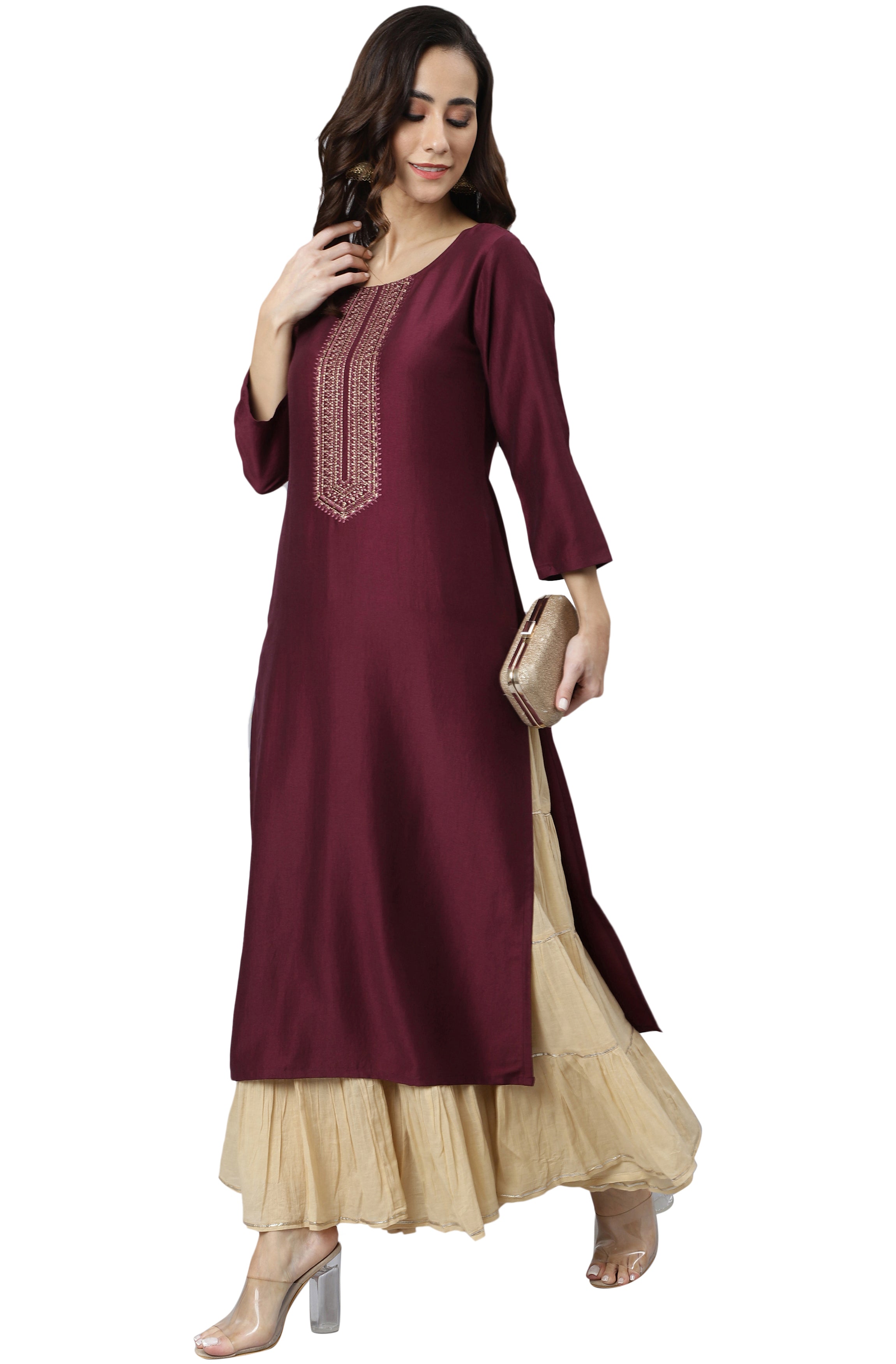 Janasya Wine Poly Silk Solid Straight kurta - Distacart