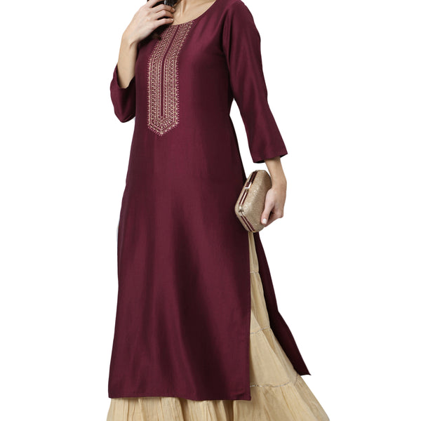 Janasya Wine Poly Silk Solid Straight kurta - Distacart