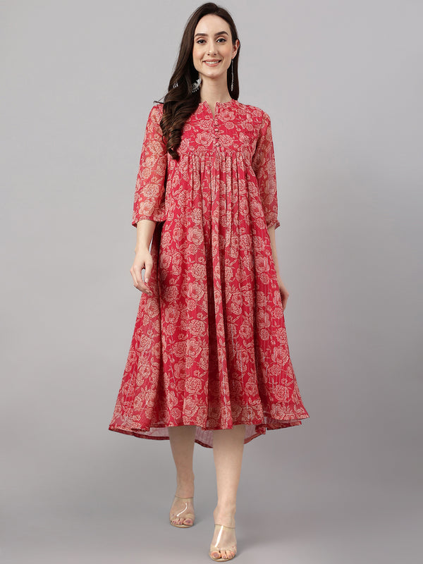 Janasya Dark Pink Chiffon Lurex Floral Printed Flared Kurta