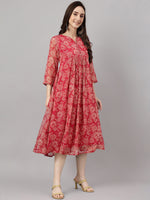 Thumbnail for Janasya Dark Pink Chiffon Lurex Floral Printed Flared Kurta