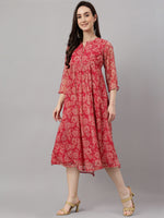 Thumbnail for Janasya Dark Pink Chiffon Lurex Floral Printed Flared Kurta