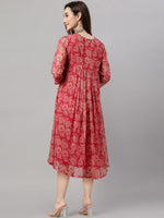 Thumbnail for Janasya Dark Pink Chiffon Lurex Floral Printed Flared Kurta
