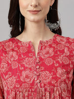 Thumbnail for Janasya Dark Pink Chiffon Lurex Floral Printed Flared Kurta