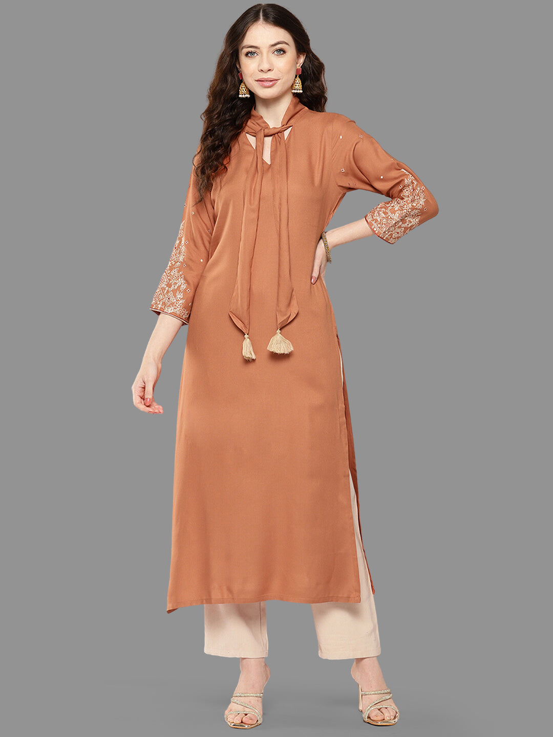 Janasya Peach Rayon Solid Straight Kurta
