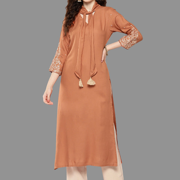 Janasya Peach Rayon Solid Straight Kurta