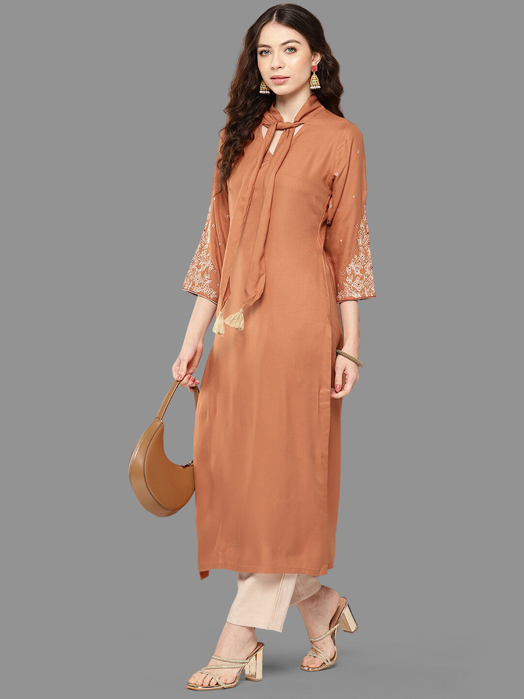 Janasya Peach Rayon Solid Straight Kurta