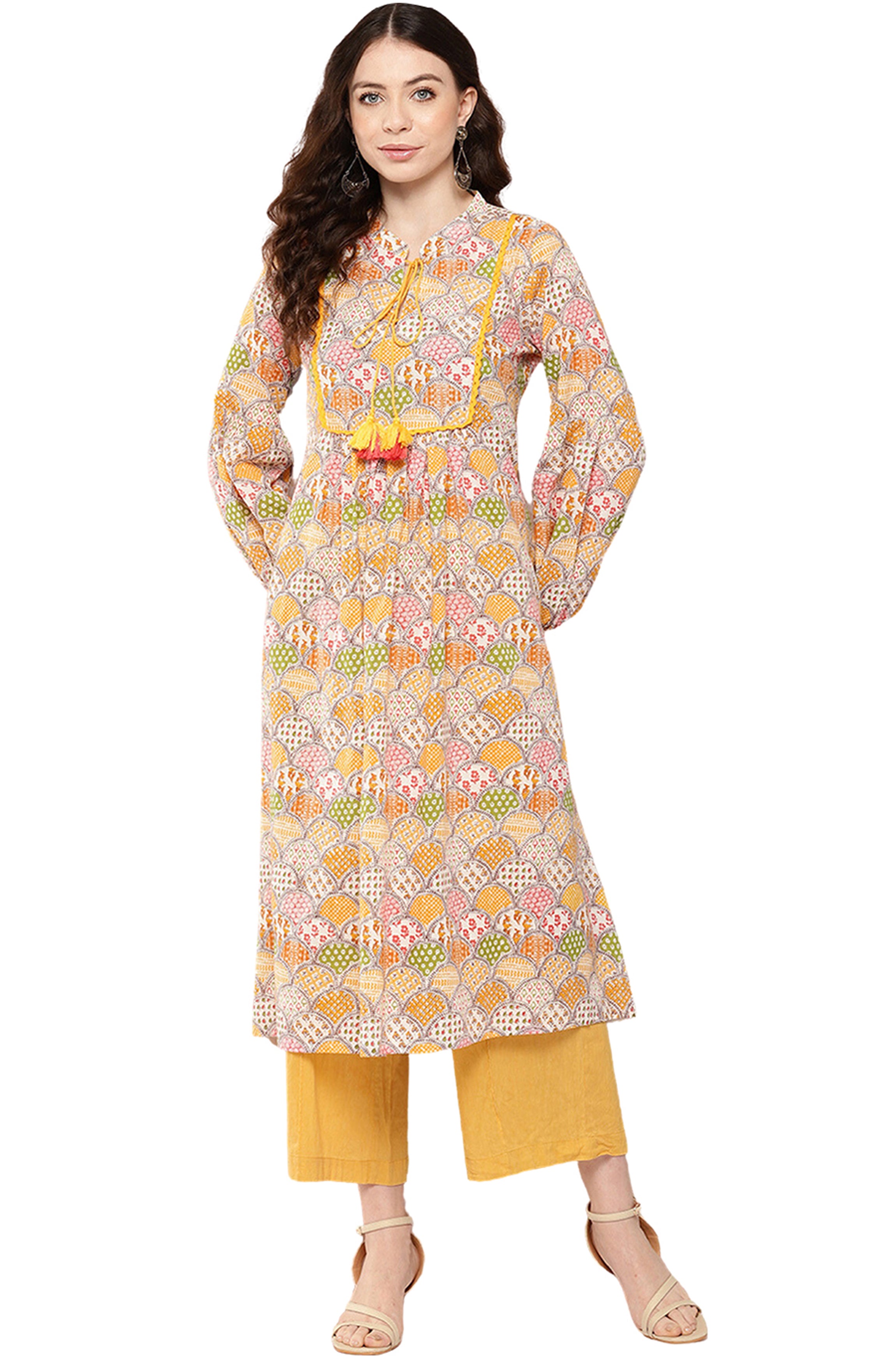 Janasya Multicolor Cotton Ethnic Motifs A-Line Kurta - Distacart