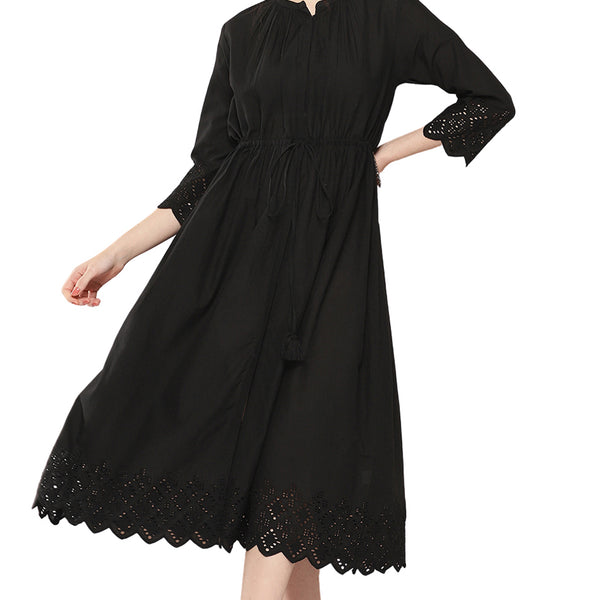 Janasya Black Cotton Solid Flared Casual Dress - Distacart