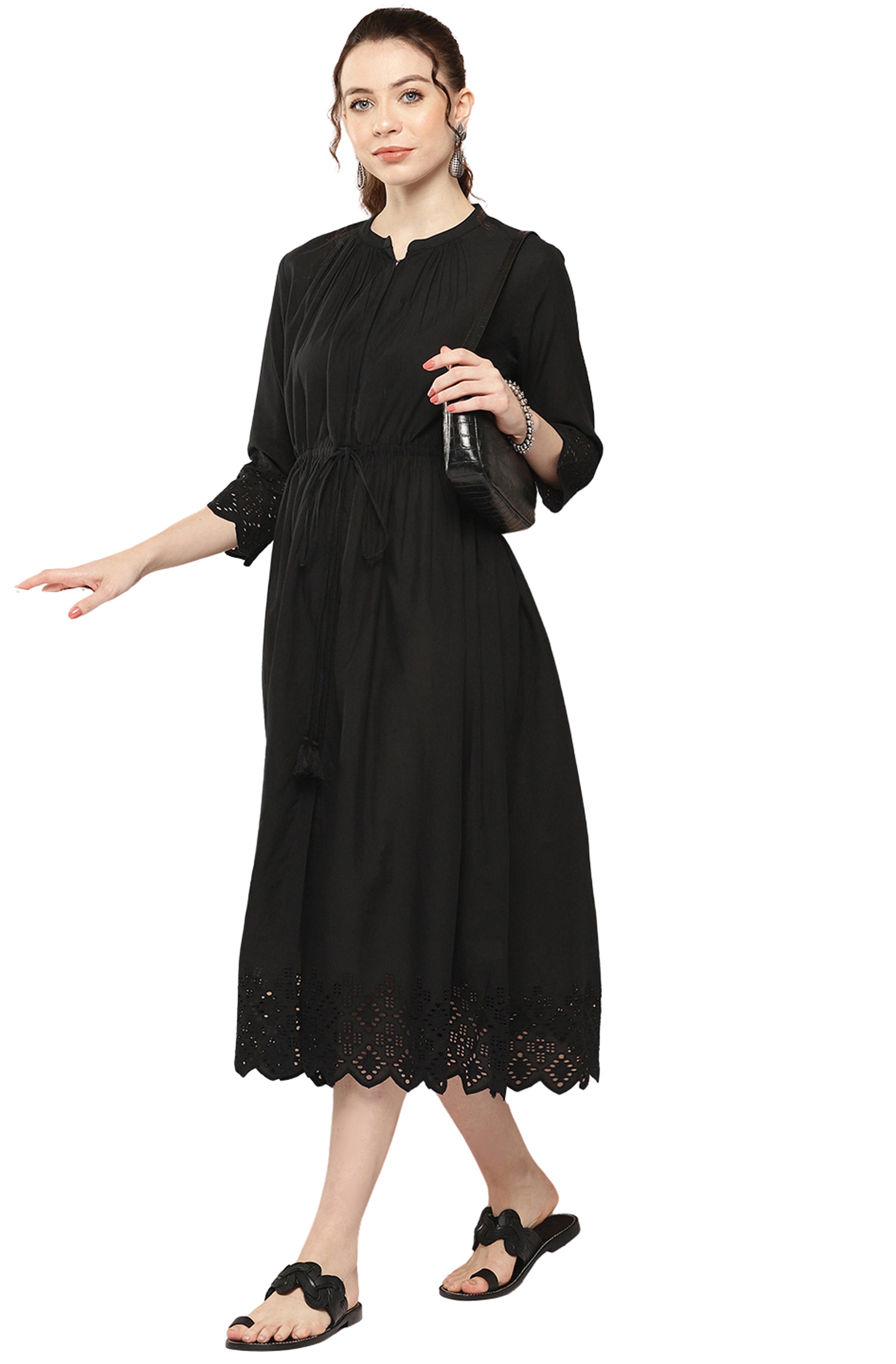 Janasya Black Cotton Solid Flared Casual Dress - Distacart