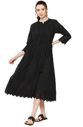 Janasya Black Cotton Solid Flared Casual Dress - Distacart