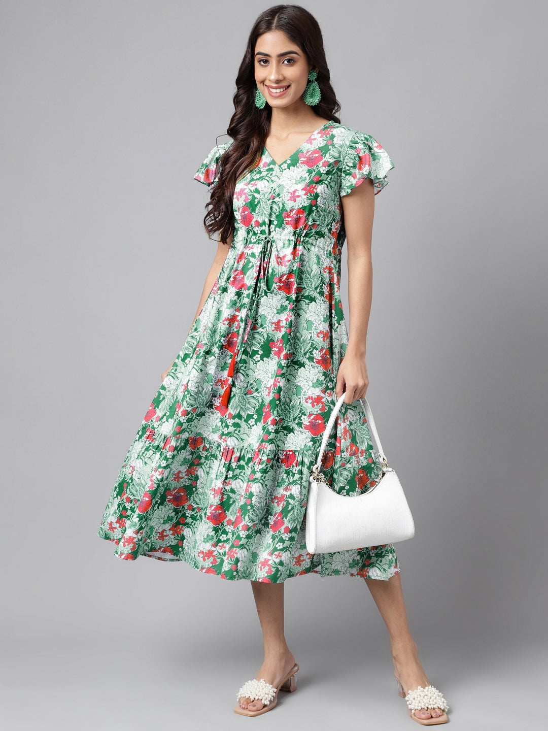 Janasya Green Moss Digital Floral Printed A-line Casual Dress - Distacart