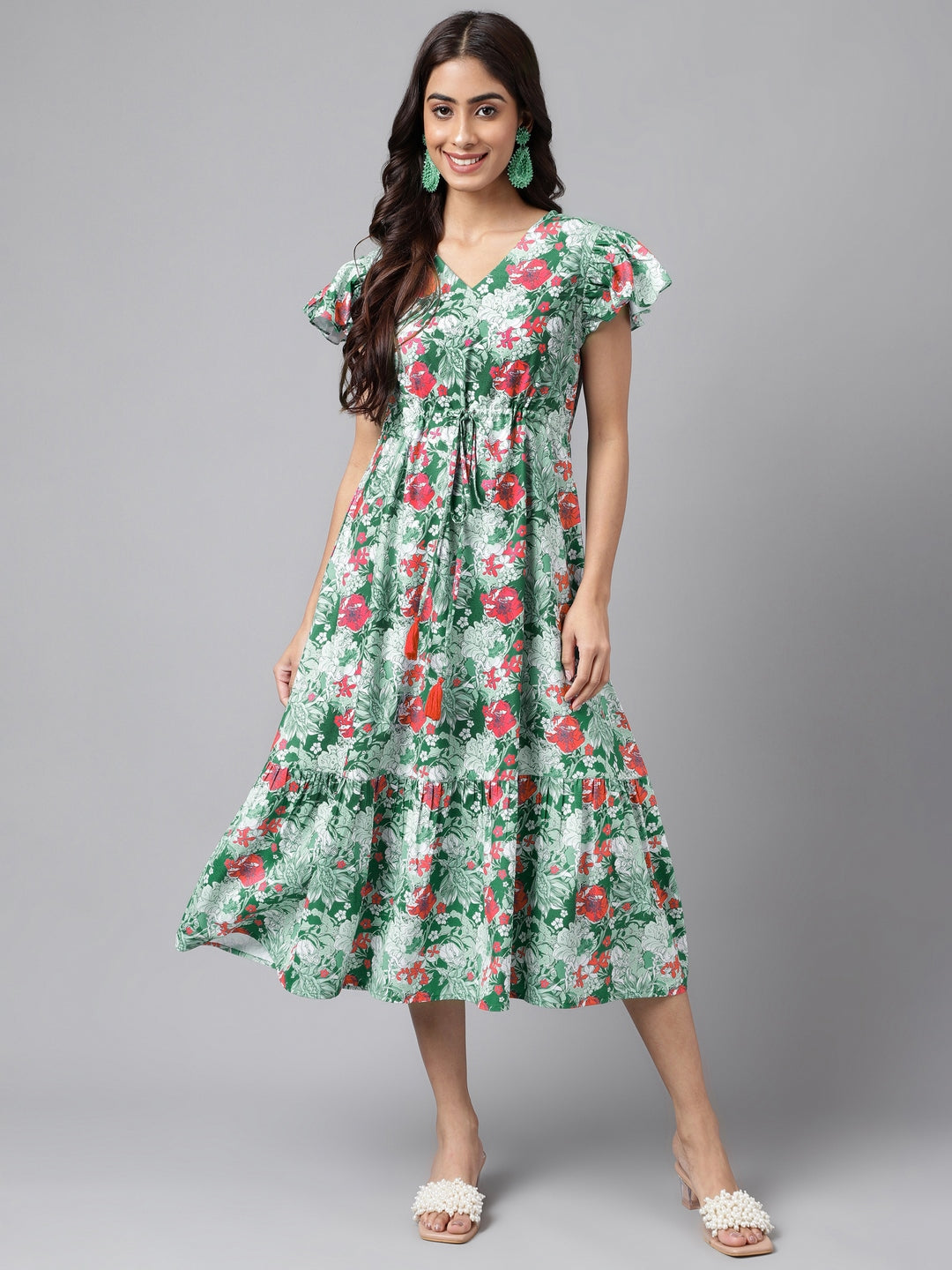 Janasya Green Moss Digital Floral Printed A-line Casual Dress - Distacart