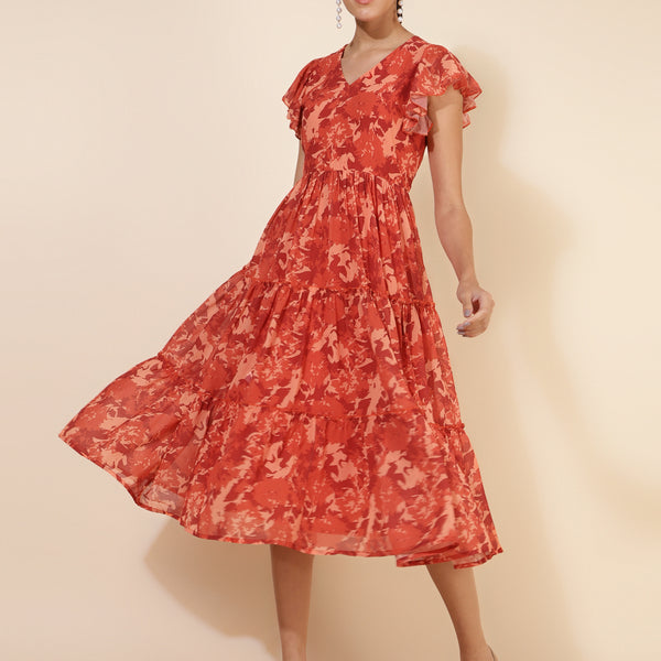 Janasya Rust Georgette Abstract Printed Tiered Casual Dress - Distacart