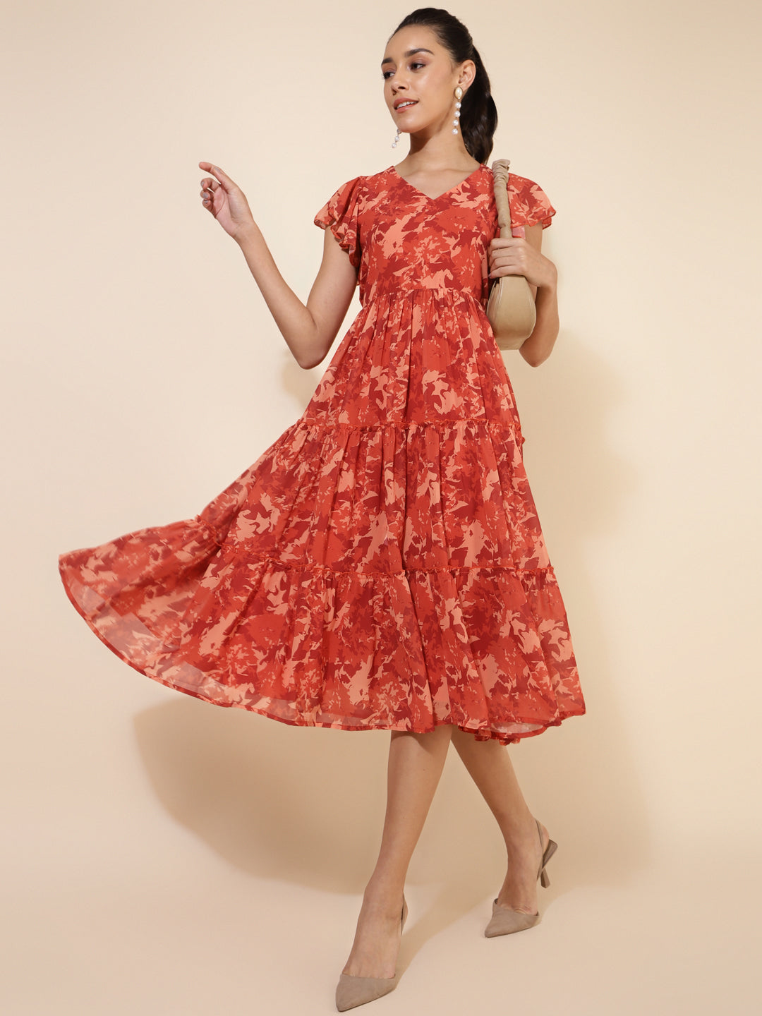 Janasya Rust Georgette Abstract Printed Tiered Casual Dress - Distacart