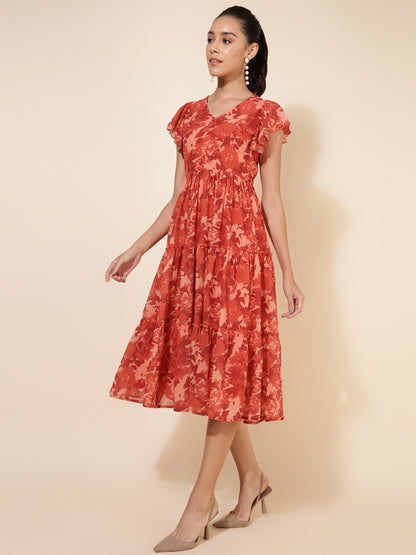 Janasya Rust Georgette Abstract Printed Tiered Casual Dress - Distacart
