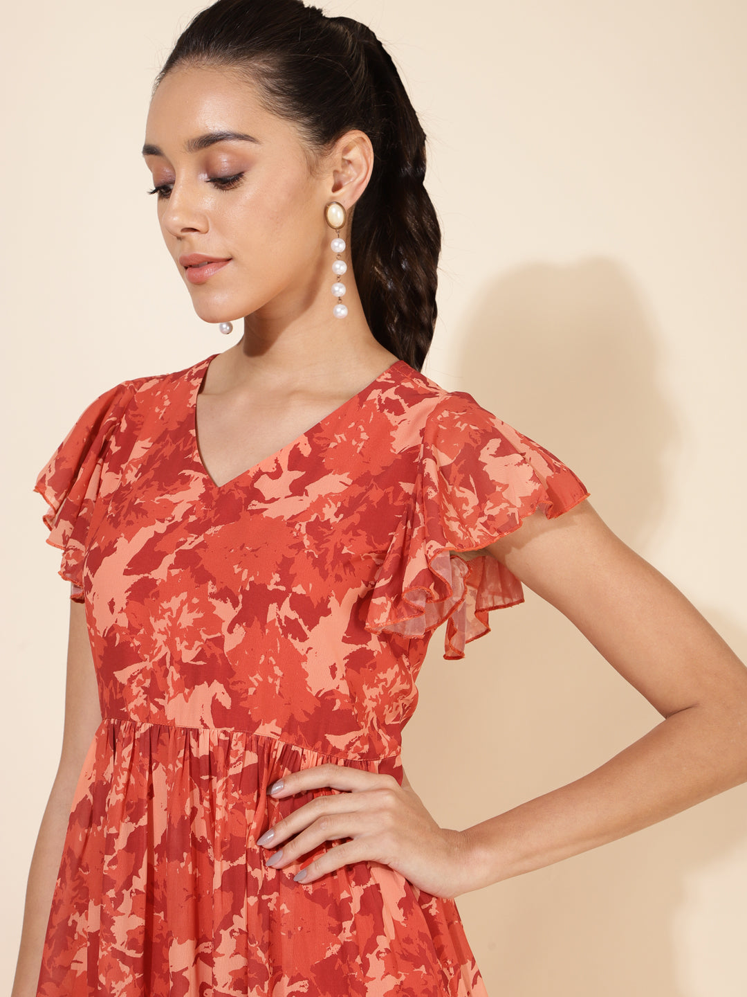 Janasya Rust Georgette Abstract Printed Tiered Casual Dress - Distacart