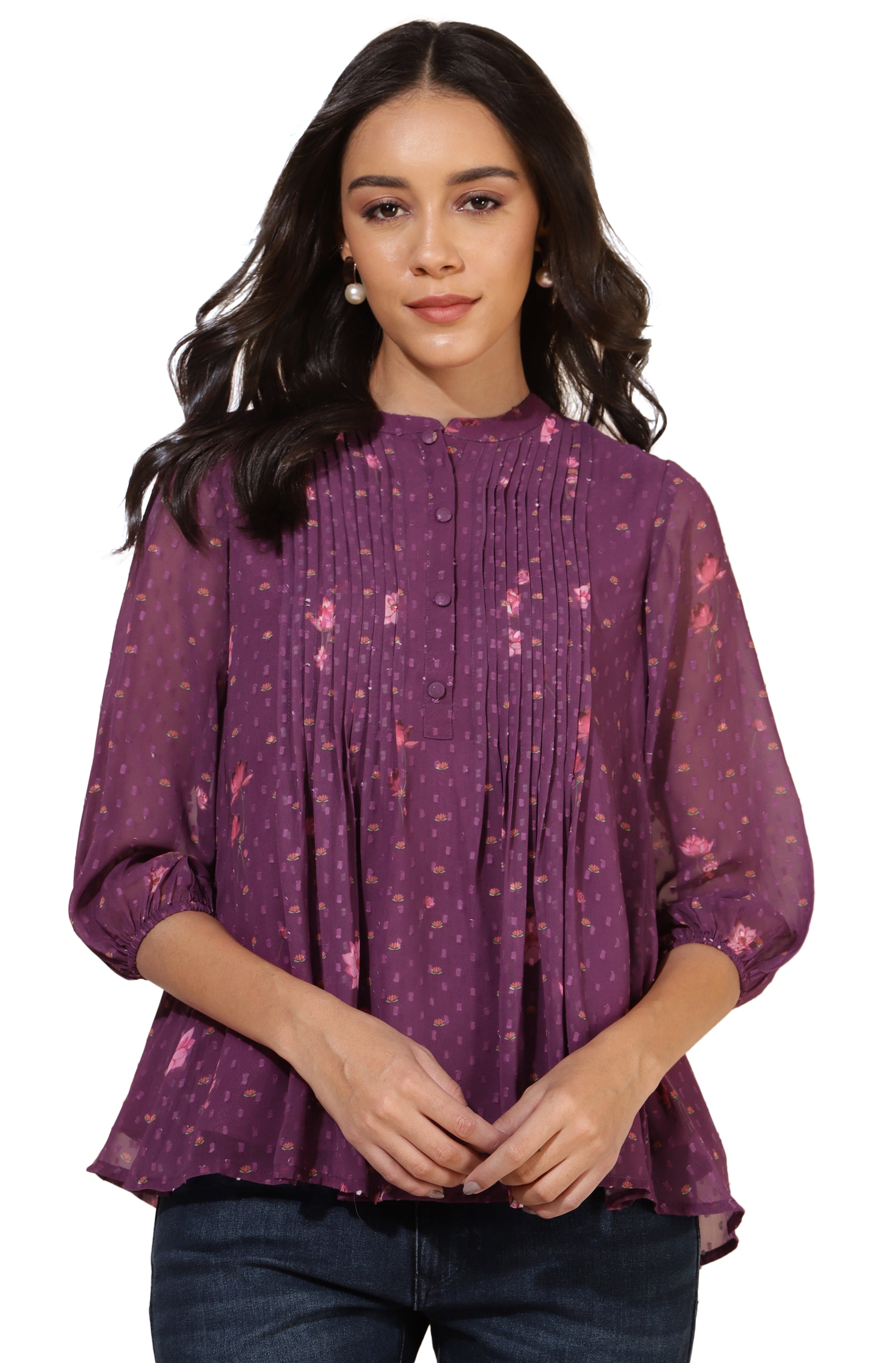 Janasya Purple Dobby Georgette Floral Print Casual A-Line Top - Distacart