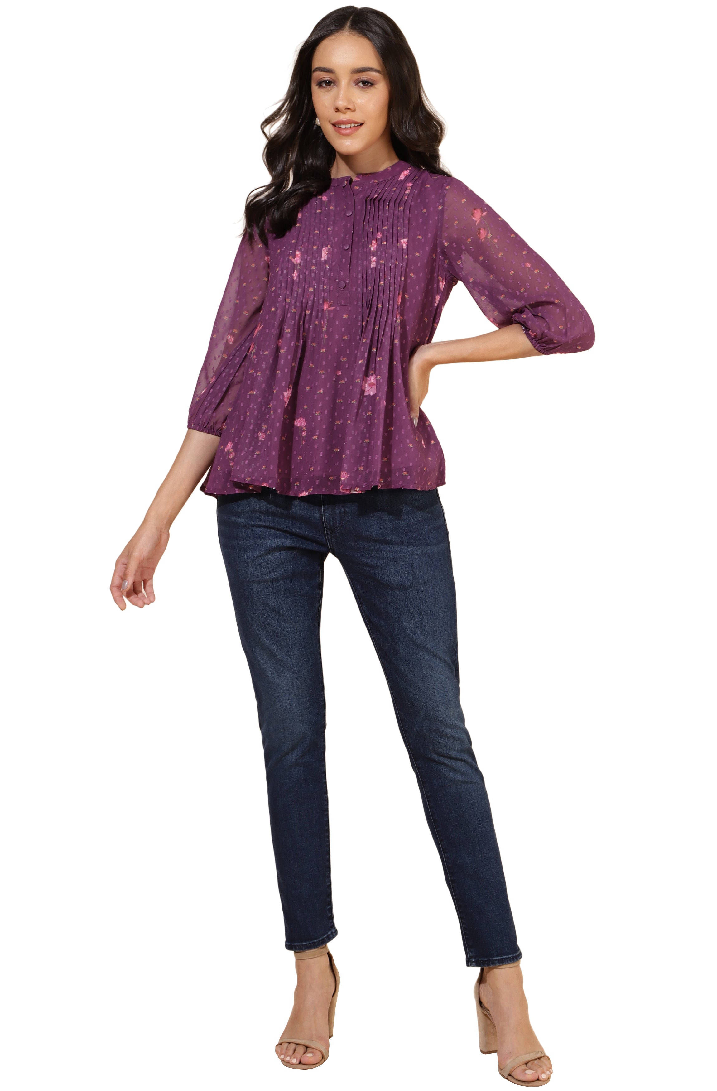 Janasya Purple Dobby Georgette Floral Print Casual A-Line Top - Distacart