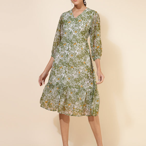 Janasya Olive Georgette Floral Printed A-Line Casual Dress - Distacart