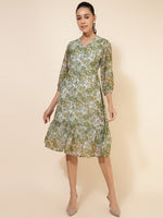 Thumbnail for Janasya Olive Georgette Floral Printed A-Line Casual Dress - Distacart