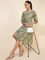 Thumbnail for Janasya Olive Georgette Floral Printed A-Line Casual Dress - Distacart