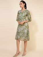 Thumbnail for Janasya Olive Georgette Floral Printed A-Line Casual Dress - Distacart