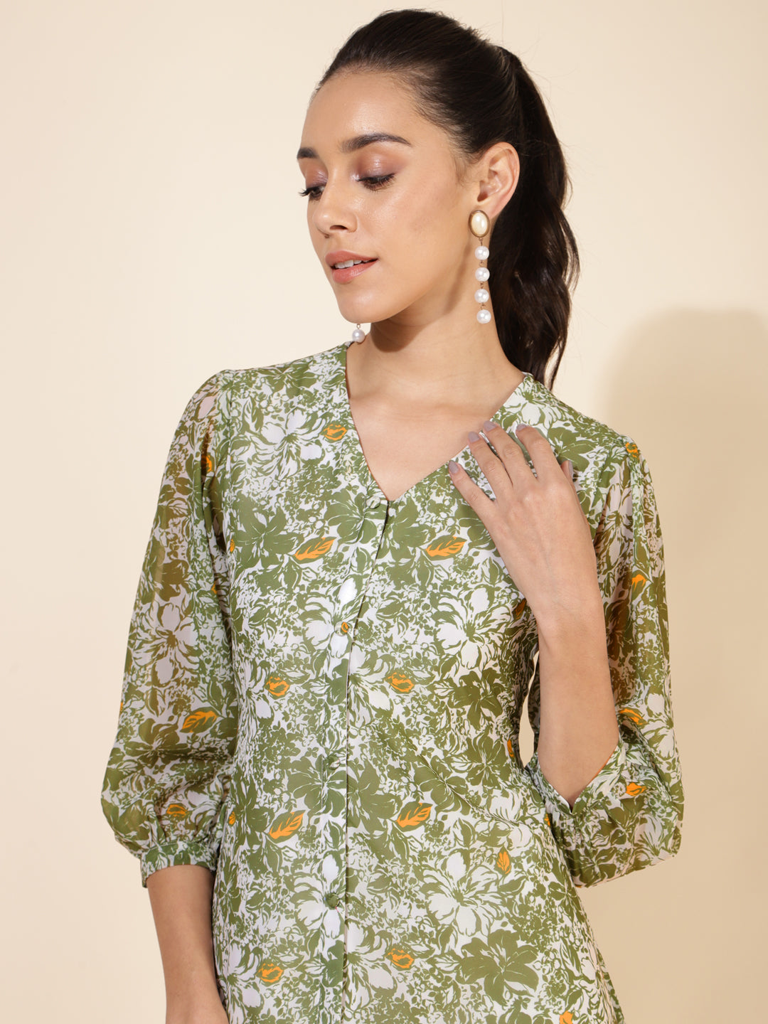 Janasya Olive Georgette Floral Printed A-Line Casual Dress - Distacart
