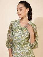 Thumbnail for Janasya Olive Georgette Floral Printed A-Line Casual Dress - Distacart