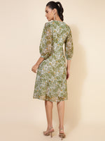 Thumbnail for Janasya Olive Georgette Floral Printed A-Line Casual Dress - Distacart