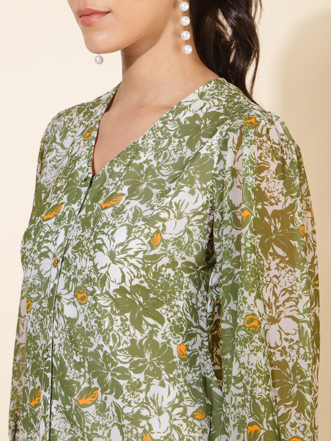 Janasya Olive Georgette Floral Printed A-Line Casual Dress - Distacart