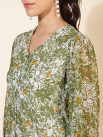 Thumbnail for Janasya Olive Georgette Floral Printed A-Line Casual Dress - Distacart