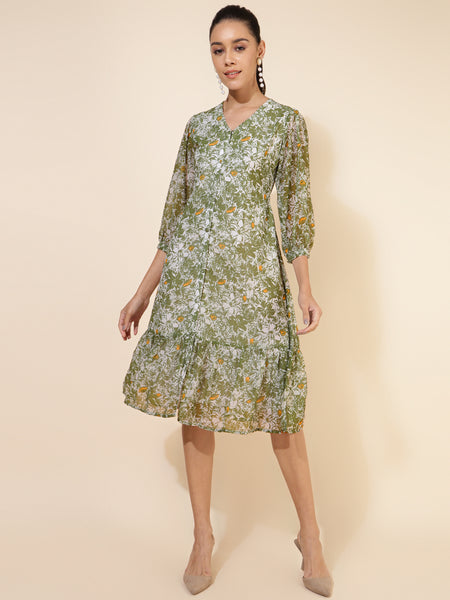Janasya Olive Georgette Floral Printed A-Line Casual Dress - Distacart
