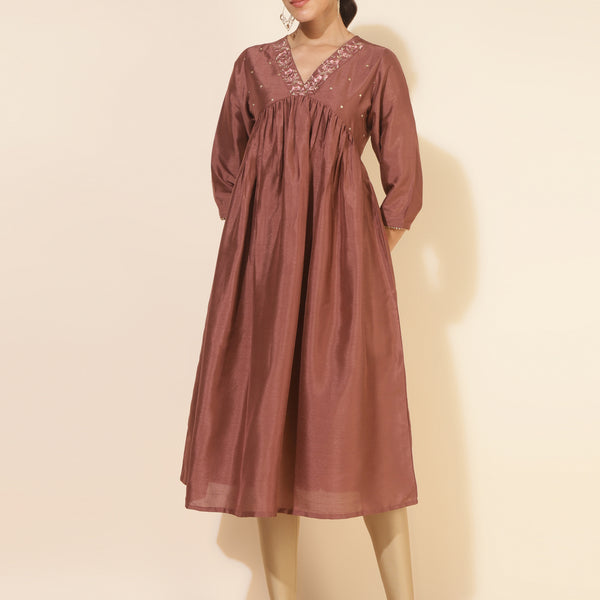 Janasya Brown Crepe Silk Embellished Empire Kurta - Distacart