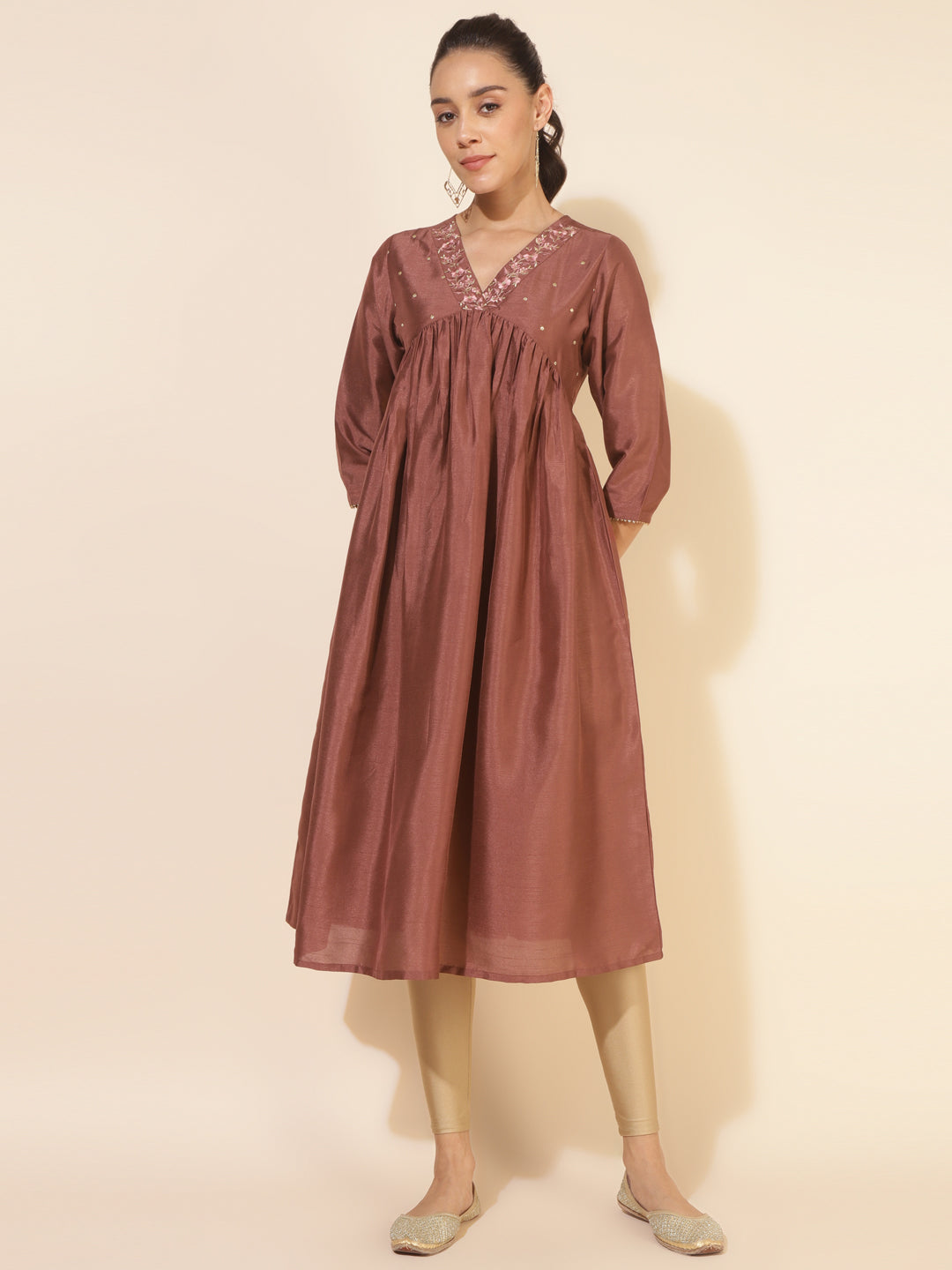 Janasya Brown Crepe Silk Embellished Empire Kurta - Distacart