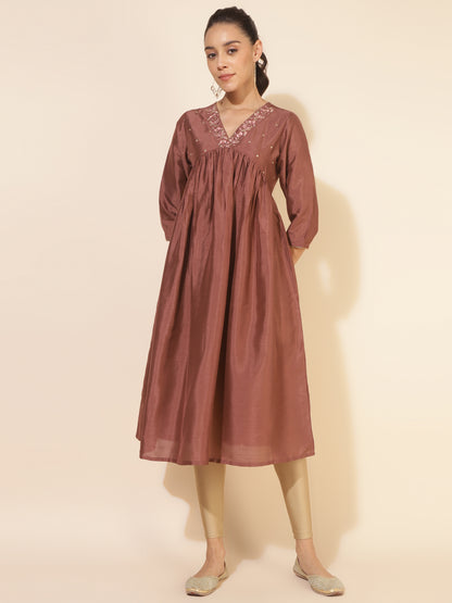 Janasya Brown Crepe Silk Embellished Empire Kurta - Distacart