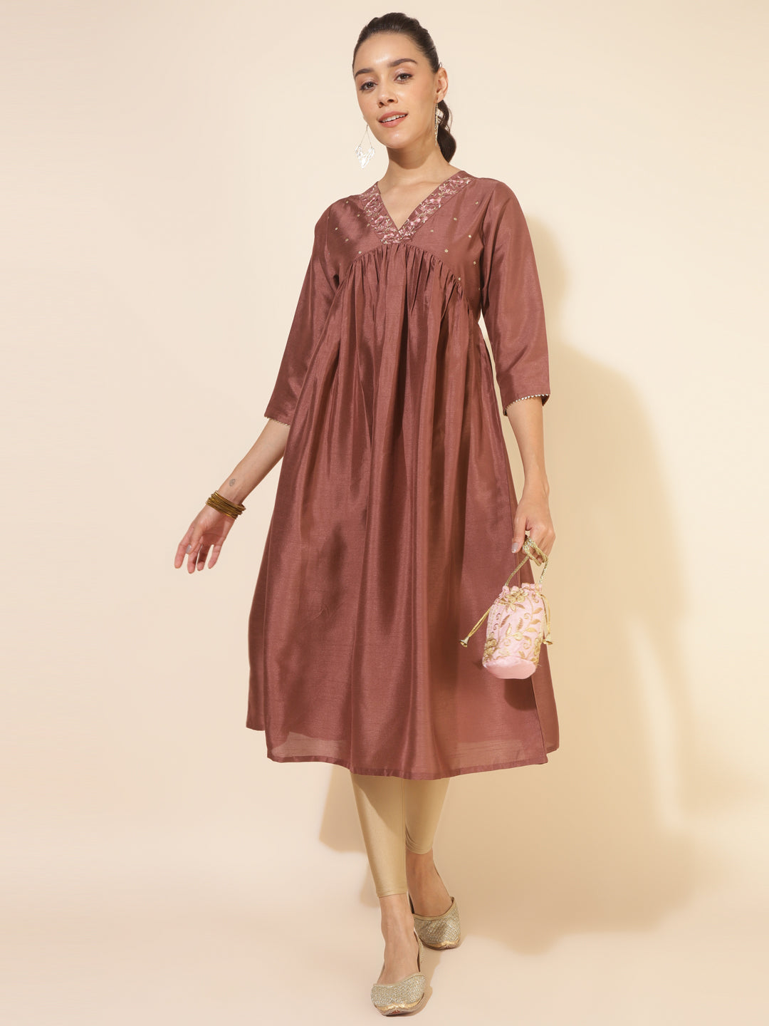 Janasya Brown Crepe Silk Embellished Empire Kurta - Distacart